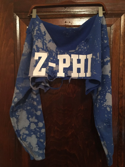 Handmade Zeta Phi Beta ZPB Z-Phi Blue White Off Shoulder Lightly Distressed Super Crop Sweater