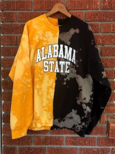 Handmade Alabama State Black Gold Hand Bleached Half and Half Crew Neck Unisex Sweatshirt