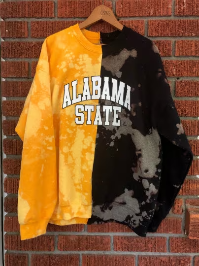 Handmade Alabama State Black Gold Hand Bleached Half and Half Crew Neck Unisex Sweatshirt