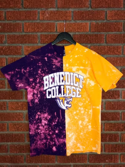 Handmade Benedict College Purple and Gold Hand Bleached Half and Half T-Shirt or Crew