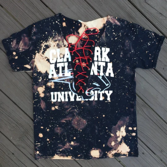 Handmade Clark Atlanta University Black Bleached Red Lace Up Panther Print Off Shoulder T-Shirt