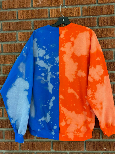 Handmade Denver Broncos Orange Royal Blue Hand-Bleached Half and Half Sweatshirt