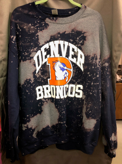 Cami Co. Lace Designs Handmade Denver Broncos Orange Royal Blue Hand-Bleached Half and Half Sweatshirt XL