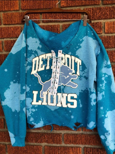 Handmade Detroit Lions Honolulu Blue Hand Bleached Lace Up Off Shoulder Sweatshirt Cropped or Full Length