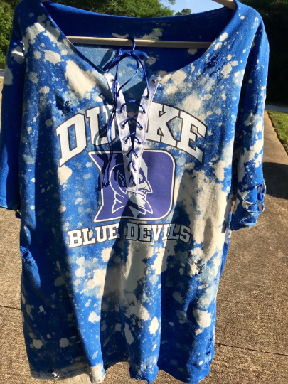 Handmade Duke Blue Devils Blue Bleached Lace Up Distressed T-Shirt