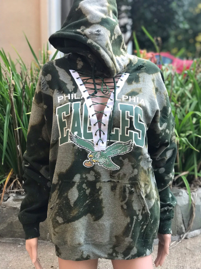 Cami Co. Lace Designs Handmade Philadelphia Eagles Vintage Bird Green Bleached Distressed Lace Up Hoodie S