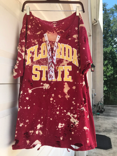Handmade Florida State University Garnet Red Bleached Lace Up Distressed T-Shirt