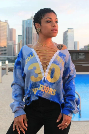 Handmade Golden State Royal Blue Bleached Yellow Gold Distressed Lace Up Sweatshirt