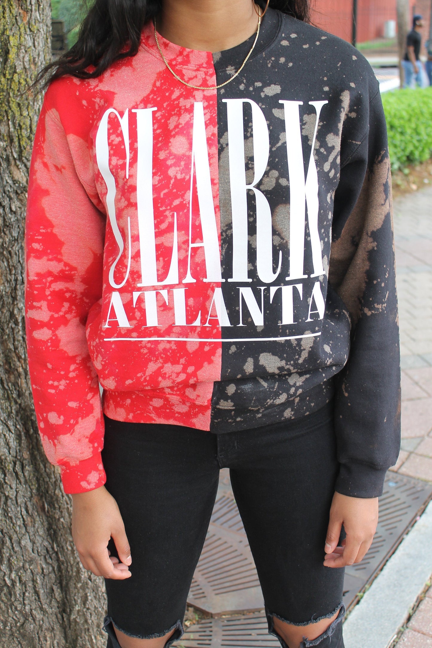 Handmade Clark Atlanta Red Black Half and Half Hand Bleached Crew Neck Unisex Sweatshirt