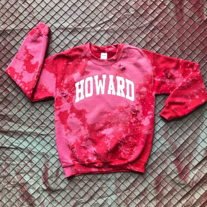 Handmade Howard University Cherry Red Hand Bleached Light Distress Crew Neck Sweatshirt