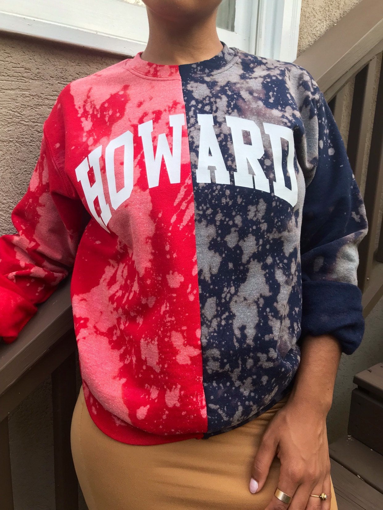 Handmade Howard University Red Navy Blue Hand Bleached Half and