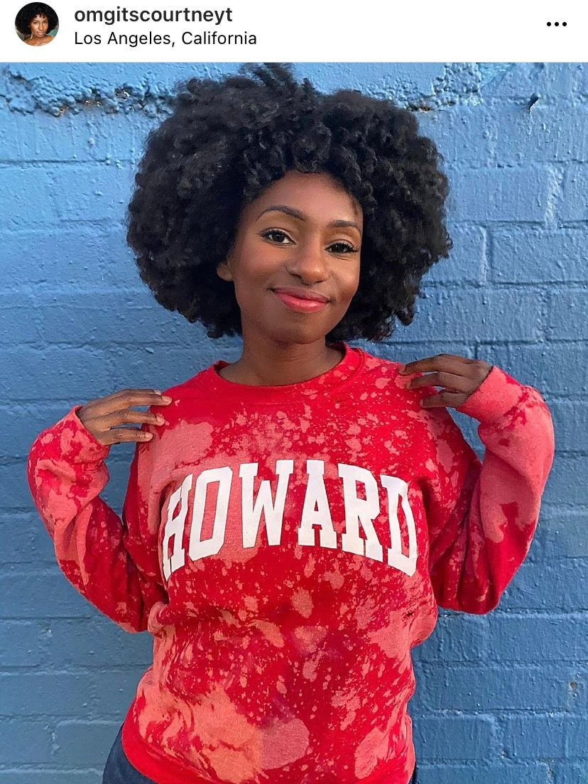 Handmade Howard University Cherry Red Hand Bleached Light Distress Crew Neck Sweatshirt