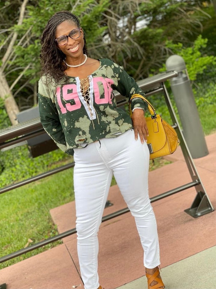 Pink and Green 1908 Sweatshirt with lace-up. Distressed AKA blouse for Alpha Kappa Alpha Soror
