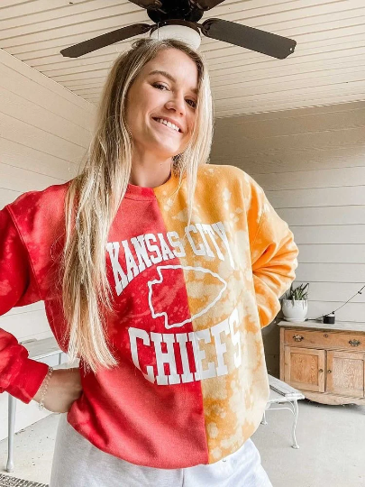 Handmade Kansas City Chiefs Red Gold Bleached Half and Half Crew Sweatshirt