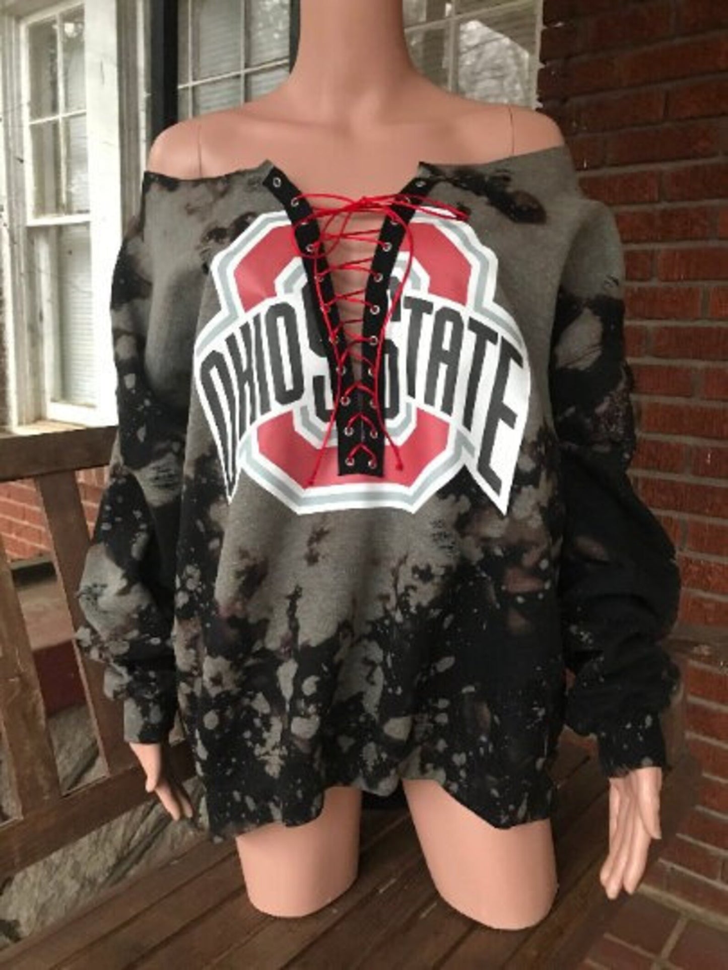 Handmade Ohio State University Black Hand Bleached Red Lace Up Distressed Sweatshirt