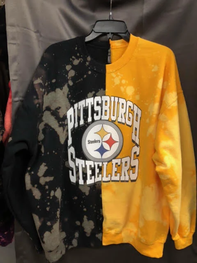 Handmade Pittsburgh Steelers Black Gold Bleached Half and Half Unisex Crew Sweatshirt
