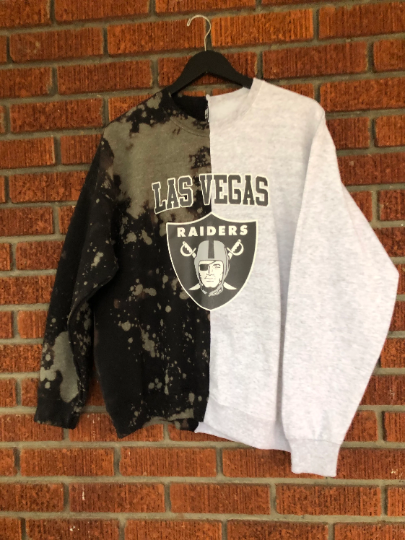 Handmade Las Vegas/Oakland Raiders Bleached Black Ash Grey Half and Half Crew Neck Sweatshirt