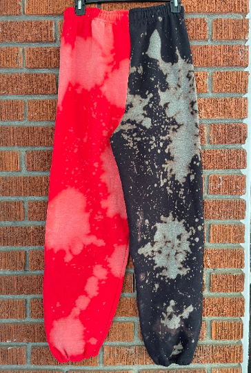 Handmade Half and Half Black Red Drawstring Cuffed Bleached Classic Style Sweat Pants