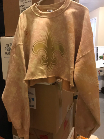 Handmade New Orleans Saints Oversized Old Gold Fleur Light Distress Crew Neck Crop Sweatshirt ONE SIZE