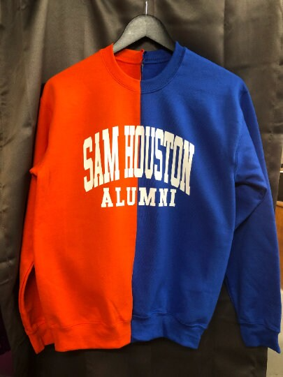 Handmade Sam Houston Alumni Orange Royal Half and Half Unisex Crew Neck Sweatshirt