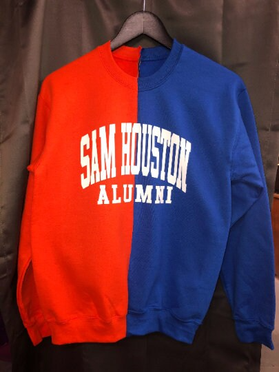 Handmade Sam Houston Alumni Orange Royal Half and Half Unisex Crew Neck Sweatshirt