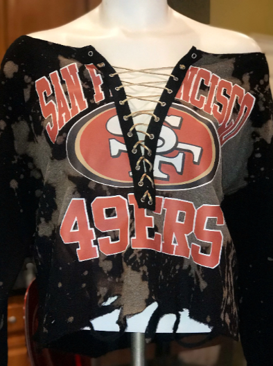 Handmade San Francisco 49ers Black Bleached Old Gold Satin Lace Up Sweatshirt
