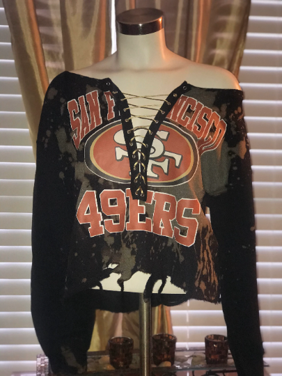 Cami Co. Lace Designs Handmade San Francisco 49ers Black Bleached Old Gold Satin Lace Up Sweatshirt 2x / Full Length