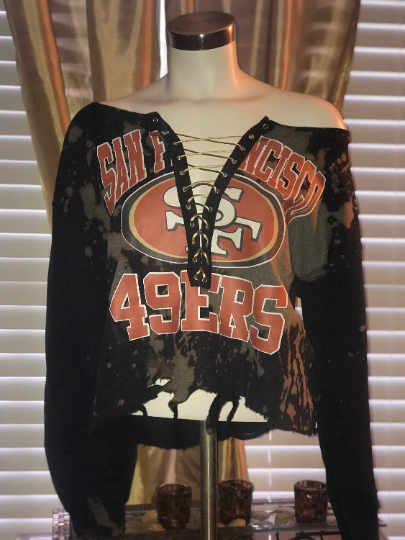 Handmade San Francisco 49ers Black Bleached Old Gold Satin Lace Up Sweatshirt