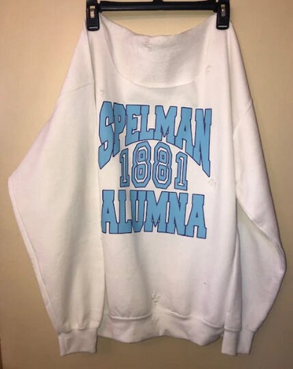 Handmade Spelman 1881 Alumna Baby Blue on White Off Shoulder Sweatshirt