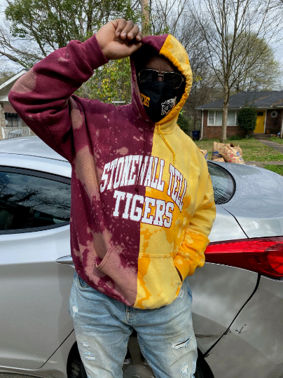 Handmade Stonewall Tell Elementary Tigers Maroon Gold Bleached Half and Half Unisex Hoodie